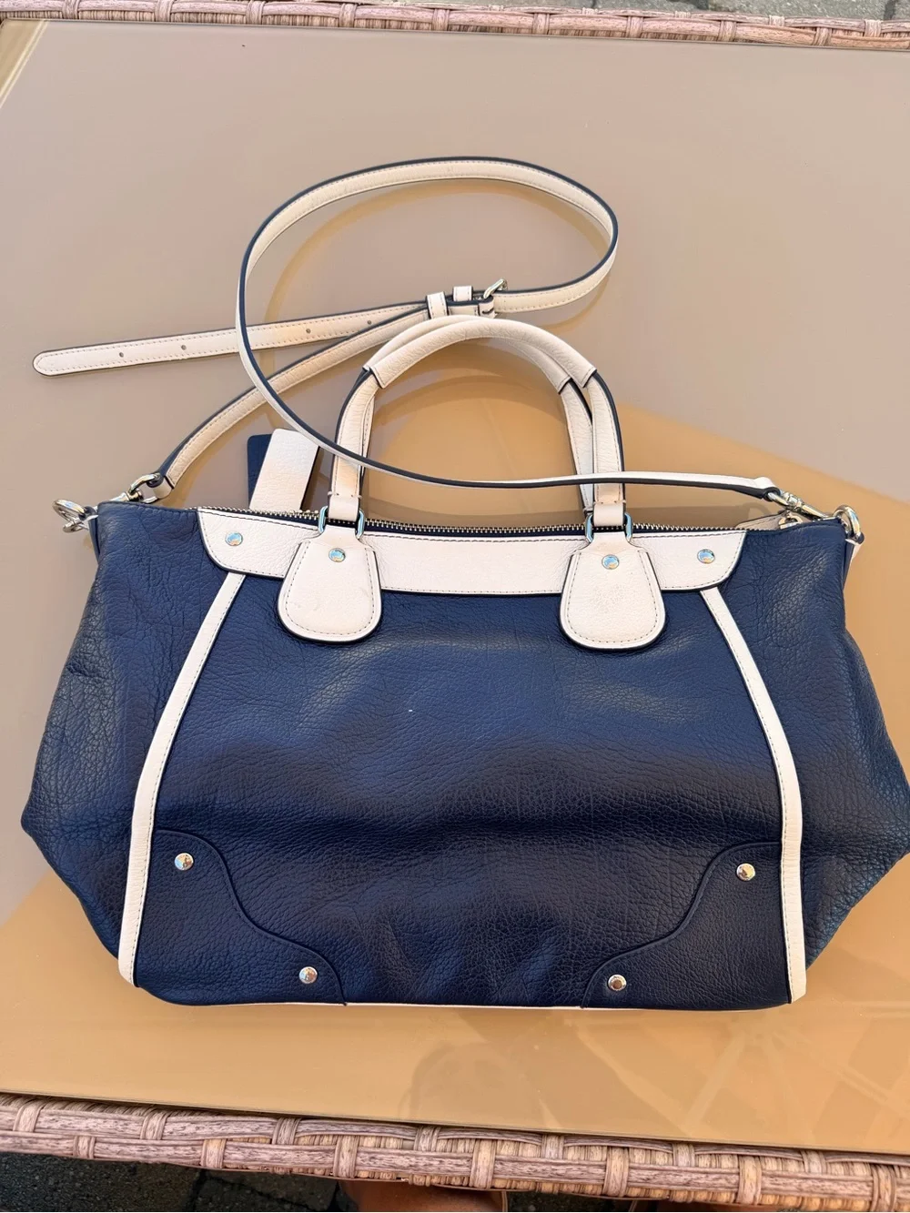 COACH mickie spectator Navy and White Leather Satchel with Removable Strap